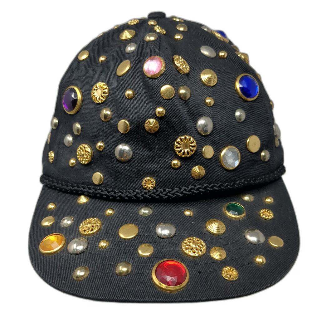 Black 5 Panel One Size Hat Rhinestone Studded Gem Beaded Snapback Bling Sparkle